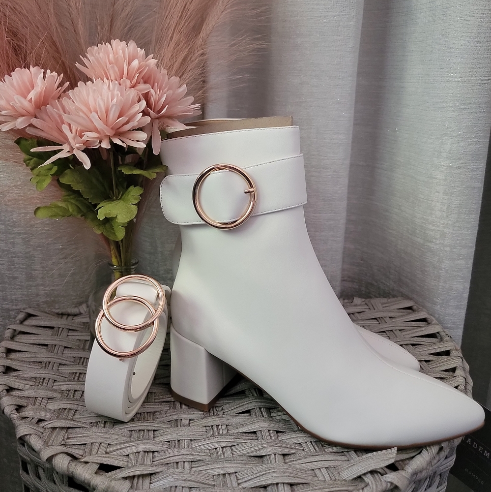 White Chunky Heel Ankle Boots | Gold Hoop Booties | Bling Boots | Faux Leather